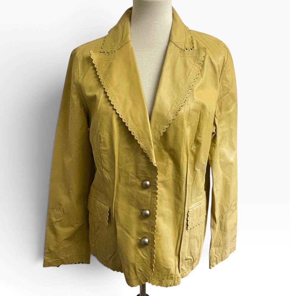 Cami Leather Scalloped Trim Jacket Size 18 Yellow MISSING BUTTON